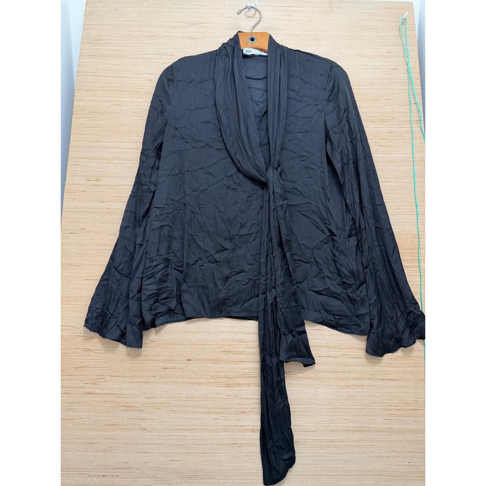 Zara Black Crinkled Tie Front Draped Blouse Long Sleeve V-Neck Top Small